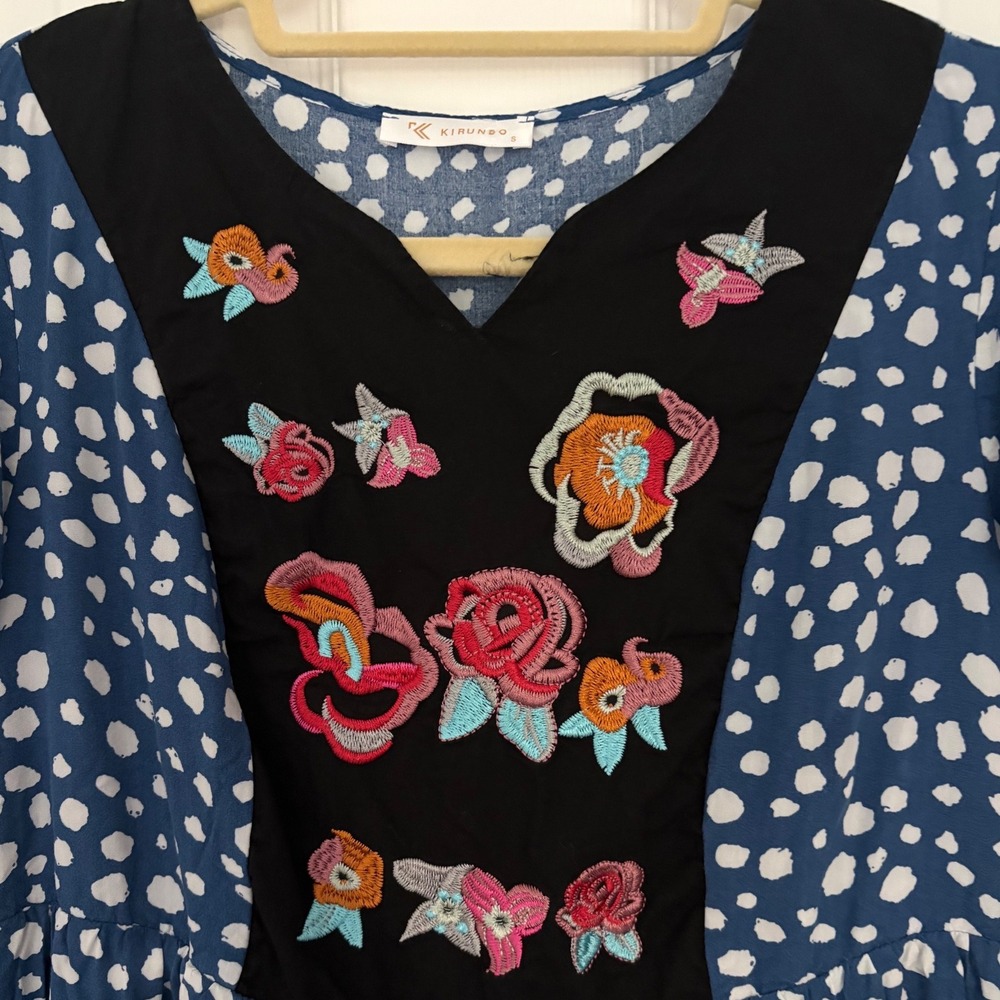 KIRUNDO Blue Polka Dot Embroidered Floral V-Neck Mini Dress Small Boho 7089 - Picture 2 of 6